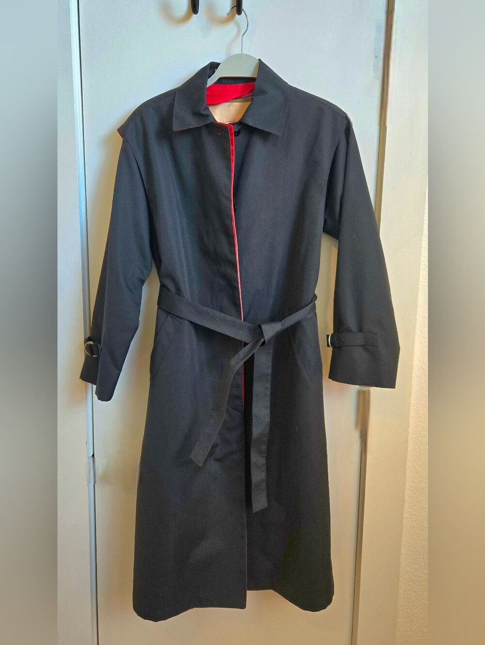 Vintage 80s Misty Harbor Black Trench Coat Camel Wool Red Lining 8 Petite